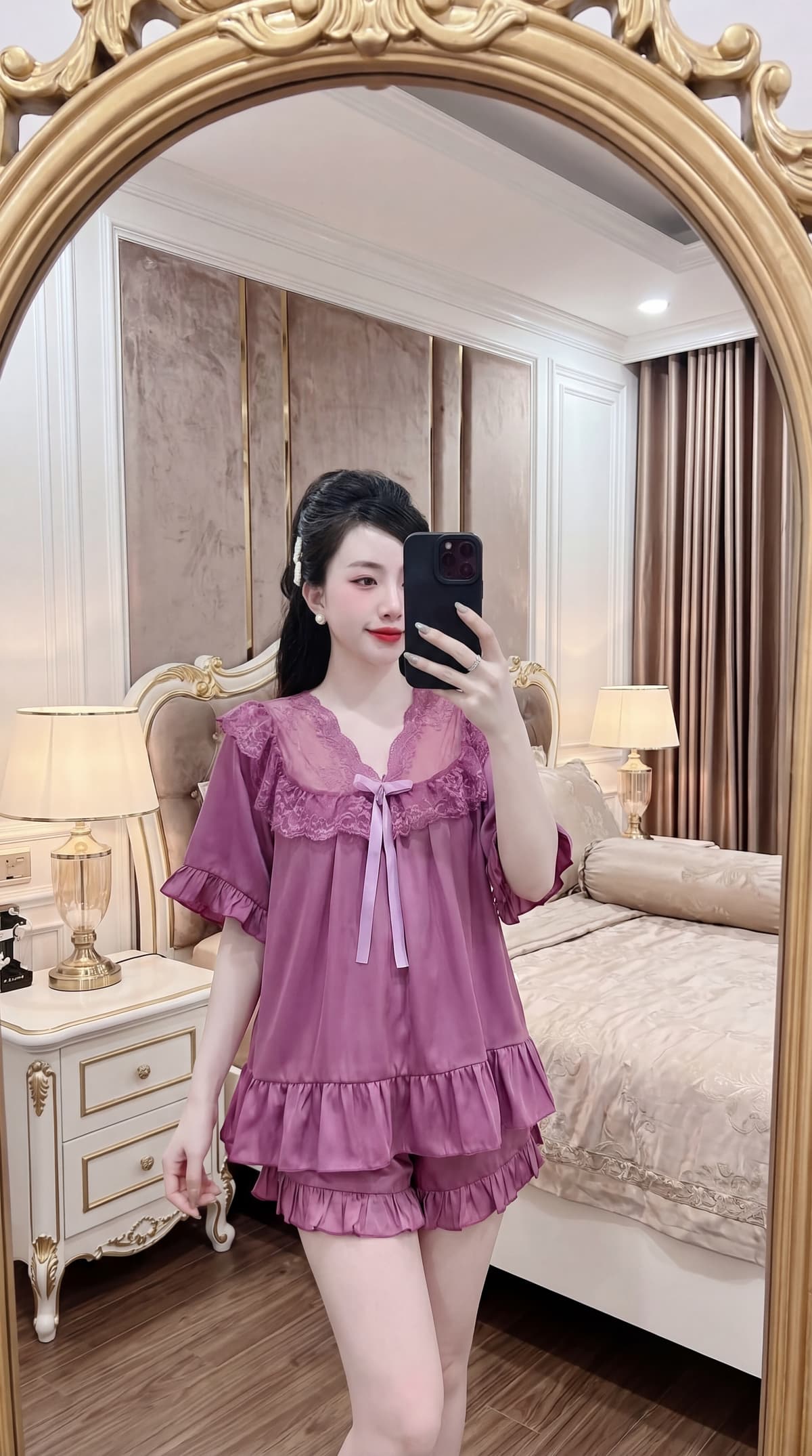 Bộ ngủ lụa Mimo cổ V cam đào